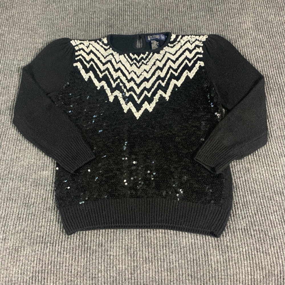 VTG Le Chois Sweater Womens Medium M Black Sequin Silk Blend Abstract Retro 90s